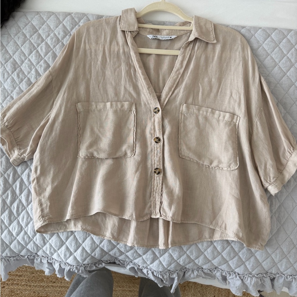 Zara Oversized Beige Button-Front Pocket Shirt